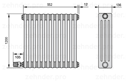 Схема (чертеж) Радиатор Zehnder Charleston 4120/12 №V004 Белый глянцевый RAL 9016